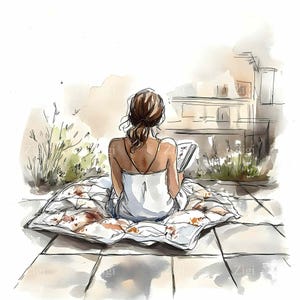 32 JPEG Chica leyendo al aire libre JPG Clipart, Ilustración de mujer con vestido blanco en balcón, Arte de escena matutina en terraza urbana