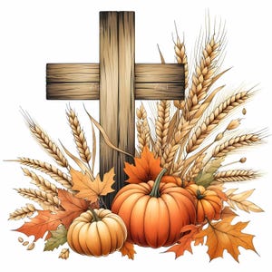 May include: A wooden cross, wheat, pumpkins and autumn leaves. The image has a harvest theme, with warm colours and natural elements. The pumpkins are orange and the leaves are shades of orange and brown.