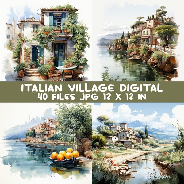 Italian Village Digital Papers 40 JPG Watercolor Italy Streets Tuscany Villa Scrapbooking, Clipart Digital Printable Junk Journal