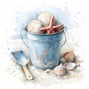 20 JPEG Beach Bucket Clipart - Vintage Metal Pail z muszlami i rozgwiazdami - Coastal Decor Digital Download JPG