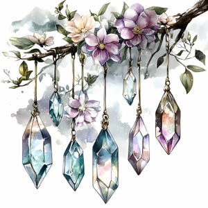 32 elegantes imágenes prediseñadas de cristal JPEG JPG, gemas colgantes con suaves flores en una rama, arte de jardín de acuarela pastel imprimible