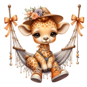 15 adorables jirafas bebé PNG clipart en hamaca con sombrero, flores y zapatos – Descarga de arte de animales de la selva adorables