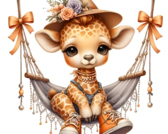 15 PNG Baby Giraffe Hammock Clipart, Safari Nursery, Watercolor Animal Graphic
