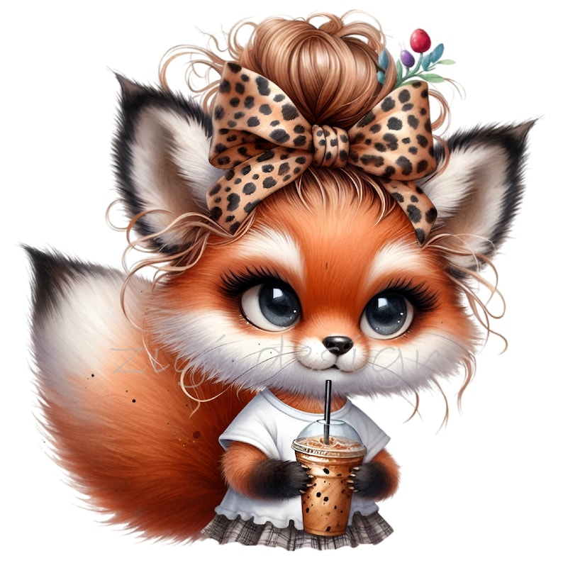 Puede incluir: Un zorro de dibujos animados con el pelo marr&oacute;n en un mo&ntilde;o, lleva un lazo de estampado de leopardo y una camisa blanca con una falda a cuadros, sosteniendo una bebida de caf&eacute; con hielo marr&oacute;n.