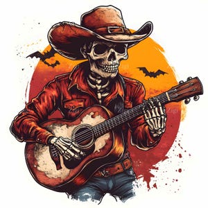 24 JPEG-skeletcowboykunst – Halloween JPG-clipart – Griezelig gitaristontwerp voor t-shirts, posters of gothicfeestdecor