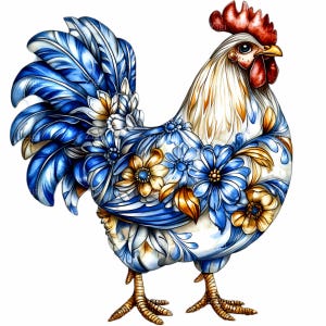 12 PNG Floral rooster clipart – Decorative chicken PNG – Blue and gold farm animal art for kitchen prints, farmhouse decor and crafts