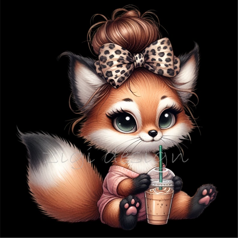 Puede incluir: Un zorro de dibujos animados con pelaje marr&oacute;n, que lleva una camisa rosa y un lazo de leopardo marr&oacute;n y negro, sostiene una bebida de caf&eacute; con hielo marr&oacute;n con una pajita verde.