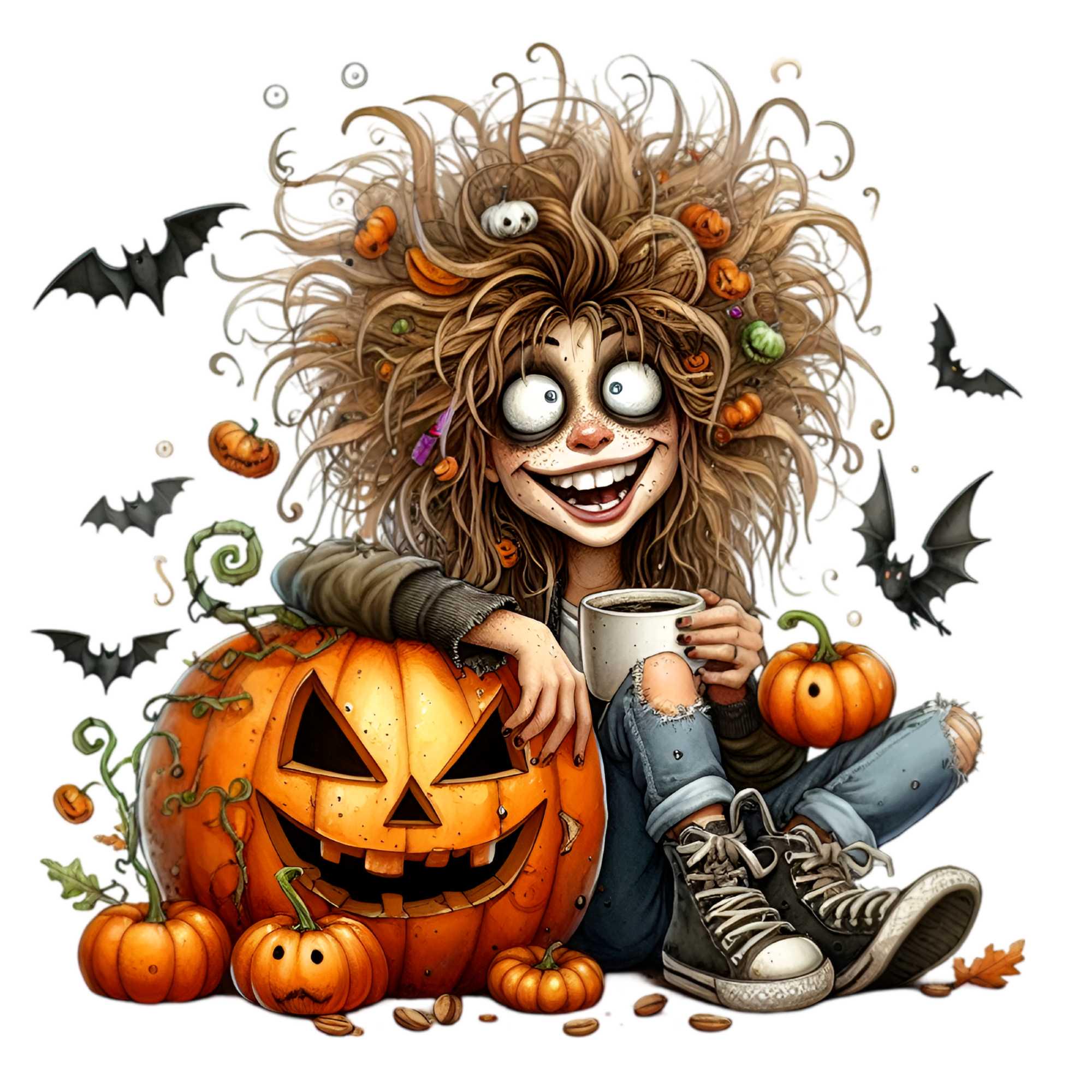 10 Spooky Halloween Girl PNG Clipart, Witchy Coffee Lover With Messy Hair  and Pumpkin, Gothic Fall Art, Creepy Cute Illustration - Etsy, image size:2000x2000