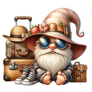 15 Gnomo de viagem PNG Clipart, Gnomo barbudo fofo com bagagem e chapéu, Download digital, Arte de aventura de férias