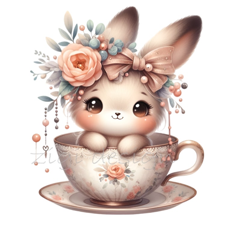 12 PNG Cute Bunny in Teacup Clipart – Pastel Rabbit PNG – Floral Animal ...