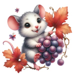 14 imágenes PNG de ratones adorables, ratón otoñal con uvas y hojas de otoño, arte del festival de la cosecha, diseño de sublimación para decoración y manualidades infantiles