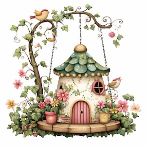 Puede incluir: Ilustración caprichosa de una casa de hadas con tejado de tejas verdes, puerta rosa y ventana redonda. La casa está adornada con flores y enredaderas, con un pájaro posado en una rama y otro en la casa. La casa está rodeada de flores y vegetación.