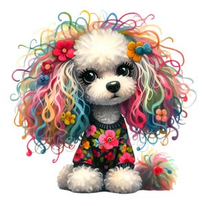 Poodle em suéter floral clipart | 12 ilustração de PNG de cachorro fofo | Arte digital de animais caprichosos para artesanato
