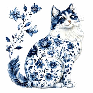 16 JPEG chat floral bleu Clipart porcelaine motif chat blanc JPG art animalier élégant pour décoration imprimable par sublimation et projets de bricolage