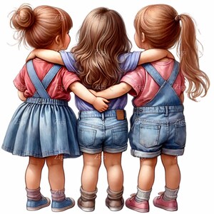 16 Hermanas PNG Clipart Descarga digital – Tres chicas jóvenes con overoles de mezclilla, faldas, pantalones cortos y peinados casuales abrazándose