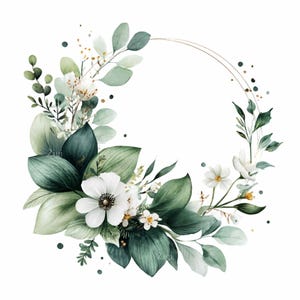 Può includere: Illustrazione ad acquerello di una ghirlanda floreale. Il design presenta una cornice circolare color oro ornata da lussureggianti foglie verdi, fiori bianchi e delicati ramoscelli. Le foglie variano nelle tonalità di verde, creando un'estetica naturale ed elegante.
