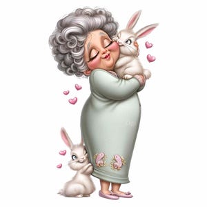 24 PNG Clipart di una nonna carina che abbraccia un coniglietto, donna anziana in camicia da notte con conigli e cuori, design di sublimazione pasquale o primaverile