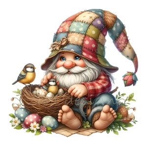 15 Clipart PNG de nain de printemps - nain mignon avec chapeau, nid d'oiseau et œufs - oeuvre d'art de jardin de Pâques pour enfants, travaux manuels et cartes