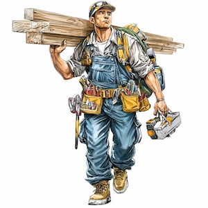 Puede incluir: Ilustración de un trabajador de la construcción que lleva madera sobre el hombro, una caja de herramientas y un cinturón de herramientas. El trabajador lleva un casco amarillo, un mono azul y botas de trabajo. Una mochila está en su espalda.