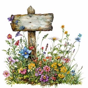 24 JPEG Cartello rustico in legno con fiori di campo Clipart JPG – Tabellone da giardino vuoto circondato da fiori di prato colorati