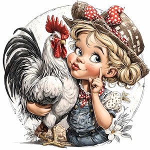 14 PNG Country Cute Girl Clipart – Rooster Hugging Child PNG – Farm Animal Illustration for Stickers, Prints, Sublimation Projects