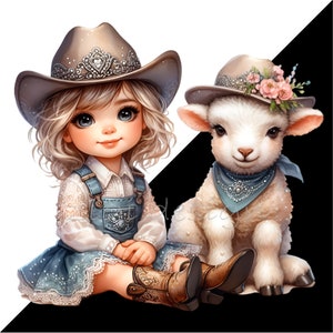 May include: A young girl wearing a brown cowboy hat and a blue denim overall dress is sitting with a white lamb wearing a brown hat with pink flowers. The lamb is wearing a blue and white bandana.