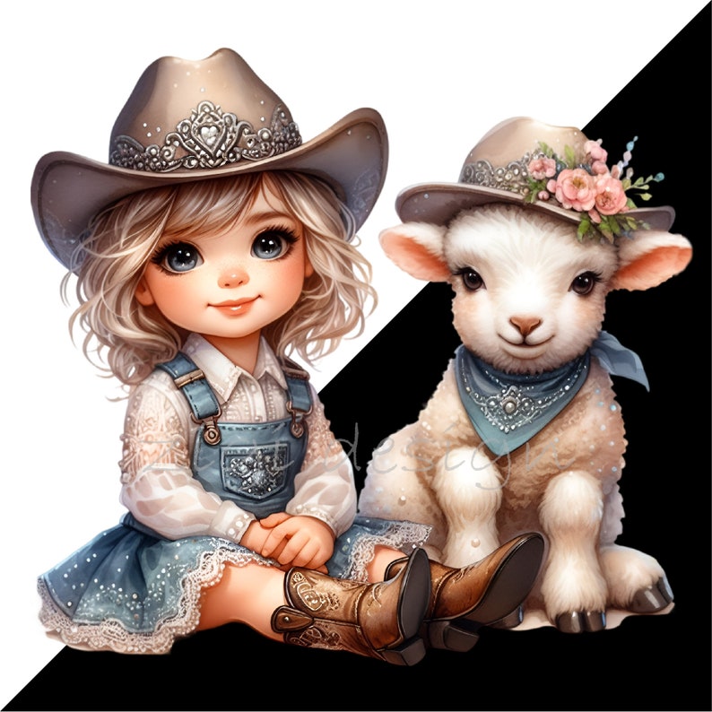 May include: A young girl wearing a brown cowboy hat and a blue denim overall dress is sitting with a white lamb wearing a brown hat with pink flowers. The lamb is wearing a blue and white bandana.