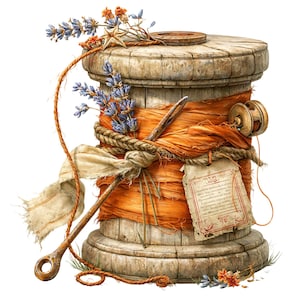 May include: A wooden spool with orange fabric, a needle, and a tag. The spool is decorated with lavender and a star. A length of rope and a cream-colored ribbon are also wrapped around the spool. The image has a vintage, rustic aesthetic.