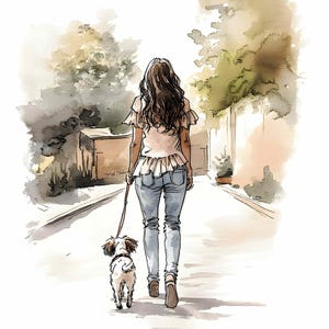 32 JPEG Girl Walking Dog Clipart, Peaceful Street Scene JPEG, Pet Walk Illustration, Outdoor Leisure Art Download, Digital Puppy Image