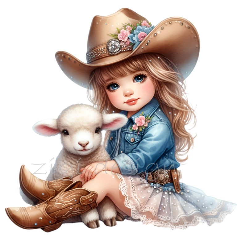 May include: A young girl wearing a brown cowboy hat with floral embellishments and a blue denim jacket is sitting with a white lamb. She is wearing a white lace skirt and brown cowboy boots.