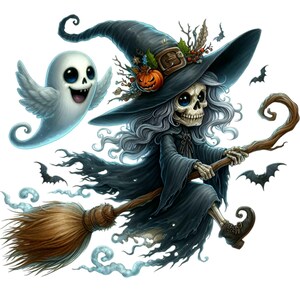 Op de afbeelding: Een skeletachtige heks met lang, golvend zilver haar vliegt op een bezem met een geest naast haar. Ze draagt een zwarte jurk en een puntige hoed met een pompoen en andere Halloween-decoraties.