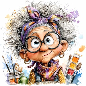 May include: A whimsical watercolor illustration of an elderly artist with curly gray hair, large round glasses, and a colorful scarf and headband. Paintbrushes, a palette, and jars of paint are in the foreground, suggesting a creative theme.
