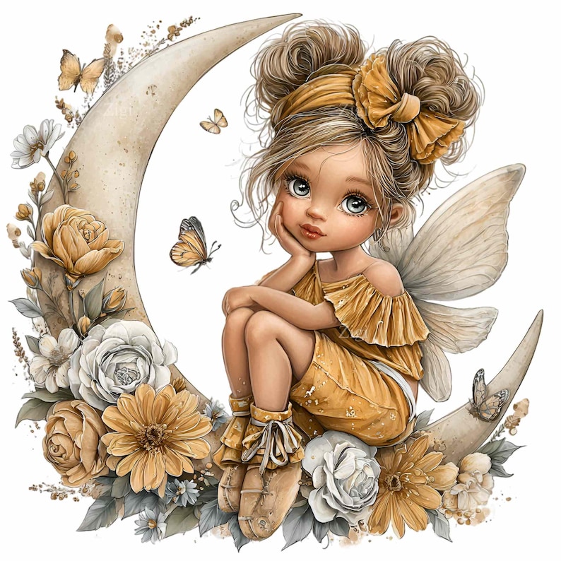 May include: A digital illustration of a fairy sitting on a crescent moon. The fairy wears a yellow dress and has blonde hair with a yellow bow. The moon is surrounded by yellow and white flowers and butterflies.