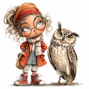 20 Images clipart fille curieuse et hibou JPEG - Dessin animé automne JPG - Art animalier amusant pour travaux manuels d'automne, pages d'agenda, cartes de voeux, impressions pour enfants