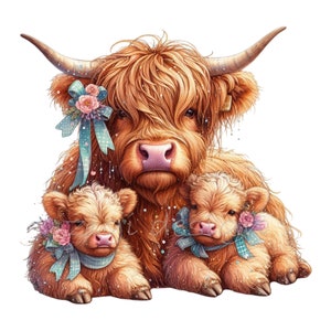 10 imágenes PNG de una familia de vacas de las Tierras Altas con lazos florales y terneros. Arte rústico de animales de granja para sublimación y manualidades.
