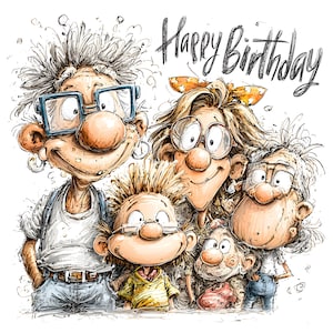 15 JPEG grappig portret – Happy Birthday JPG – Crazy Family-clipart voor wenskaarten, digitale uitnodigingen, plakboekhumorkunst