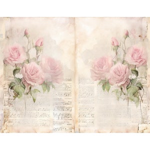 Roze rozen lege dubbele pagina's ongewenste Journal, digitale papieren clipart, 39 JPEG Floral Ephemera collage vellen, afdrukbare illustratie
