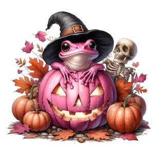 12 Pink Frog Witch PNG Clipart, Rana con cappello su Jack-o'-Lantern rosa con scheletro, zucche e foglie autunnali Arte di Halloween