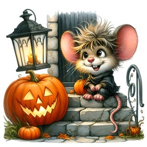 15 simpatici clipart PNG di topi di Halloween, topo spettrale con zucche e lanterna, arte autunnale di "dolcetto o scherzetto"