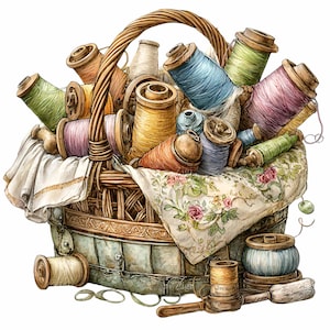 May include: A wicker basket overflowing with colorful spools of thread. The threads are in various colors, including blue, green, pink, and yellow. A floral patterned cloth lines the basket. A pair of scissors and other sewing notions are visible.