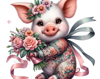 12 PNG タトゥーの子豚 花柄、バラの花束を持った豚のクリップアート