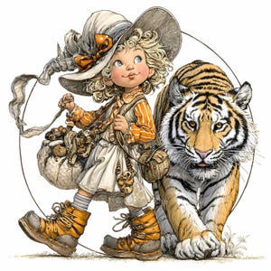 14 JPEG Mädchen mit Tiger Begleiter - Dschungel JPG Clipart - Wunderliche Entdecker Kind Kunst für Kinderzimmer Dekor, Basteln oder Bilderbuch Projekte