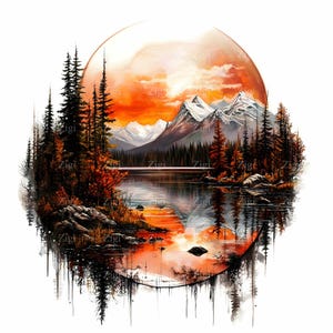 16 imágenes prediseñadas de puesta de sol en otoño en la montaña, arte de reflexión de paisaje dramático, descarga de arte digital de naturaleza en formato JPG