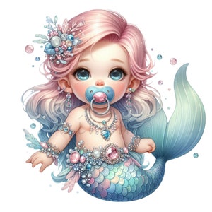 10 bébé sirène PNG Clipart, art numérique mignon princesse de l'océan, tétine bijoux queue de sirène Clip Art, conception par sublimation