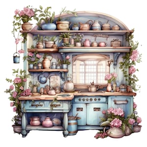15 Romantische Vintage Küche PNG Clipart, Blauer Rustikaler Ofen & Florale Regale, digitaler Download, französisches Landhausdekor