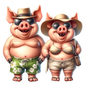Lustiges Schwein Clipart, 12 PNG Strand Clip Art, Paar Schwein Sommer, Junk-Journal, Kartenherstellung, Geschenkanhänger, Lehrer-Shirt, Sublimation druckbar