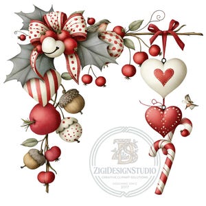 Op de afbeelding: Een decoratief feestelijk arrangement met hulstbladeren, rode bessen, eikels en gestreepte strikken. Hangende elementen zijn onder meer een wit hart met een rood hartpatroon, een rood hart met witte stippen en een zuurstok. Tekst ZIGIDESIGNSTUDIO.