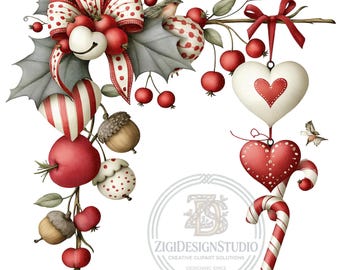 18 Heart Christmas Corner Png, Candy Cane Garland Festive Ornament Sublimation