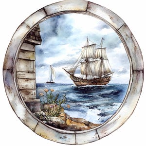 29 JPEG Vintage Veliero Oblò Vista Clipart - Scena Marittima Nautica - Ocean Art JPG