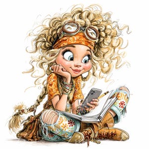 12 JPEG Curly hair girl art – Cartoon JPG clipart – Whimsical journal character for kids crafts, planners, storybooks, decor